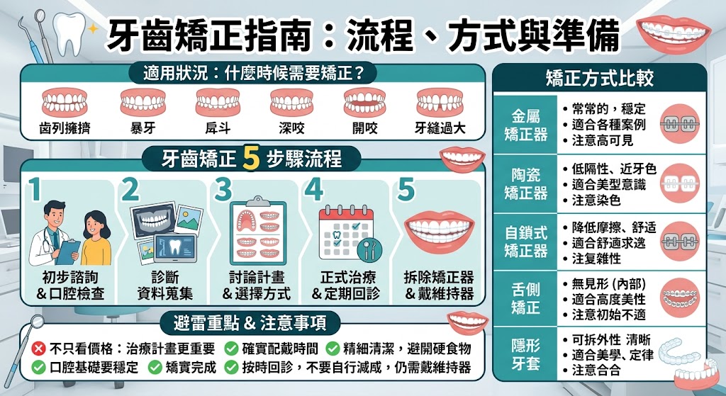 想了解牙齒矯正怎麼開始,本文整理牙齒矯正的適合對象、常見方式、完整流程、費用影響因素與矯正期間注意事項,幫助新手在諮詢前先建立正確觀念。無論是齒列不整、暴牙、牙縫過大、咬合不正,或曾經矯正後牙齒跑位,都能透過專業評估確認合適方案。牙齒矯正不只是改善外觀,也與清潔便利、咀嚼功能與長期口腔穩定有關,建議先了解治療重點再與牙醫師討論。